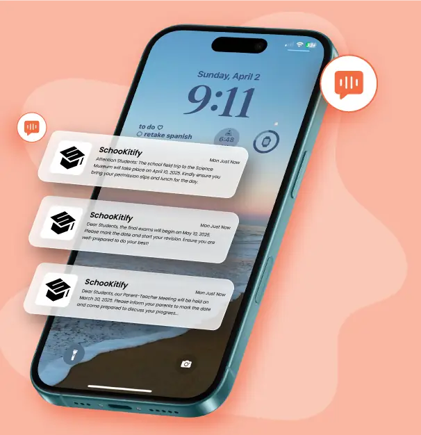 SchooKitify alerts on a phone with a beach wallpaper.